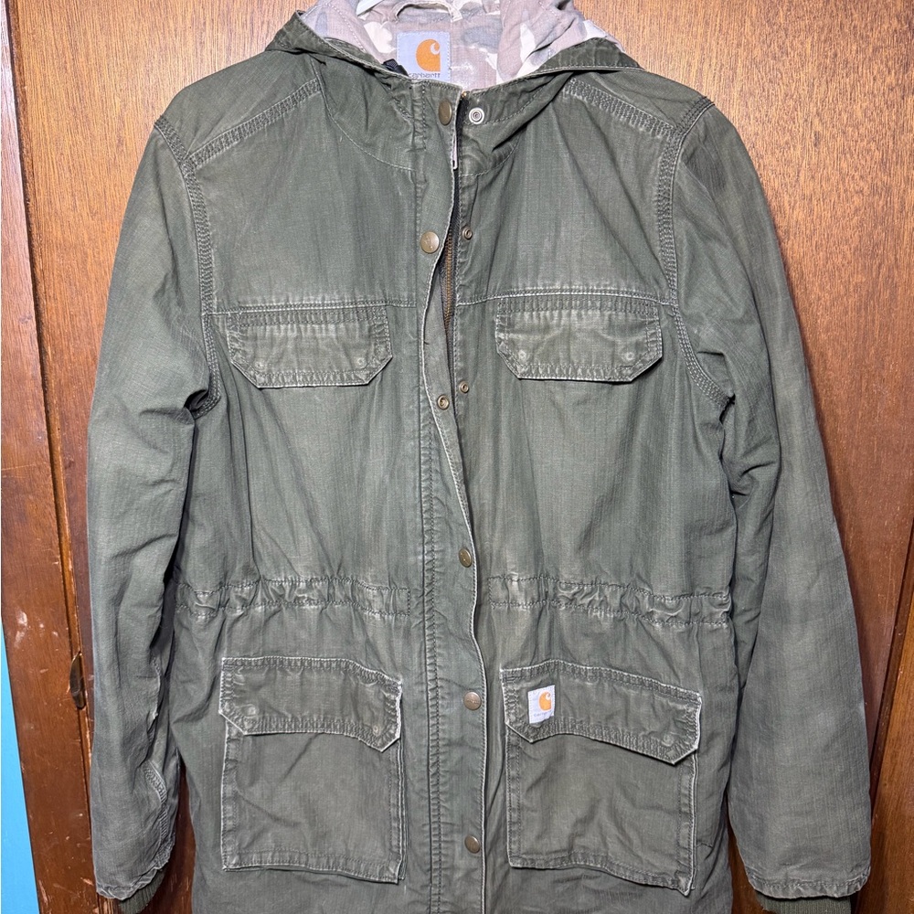 Carhartt Jacket Women’s Medium 8/10 Green Camo Hooded Fryeburg Coat
